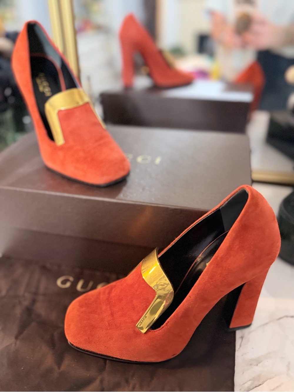 Gucci Orange Suede Block Heel Pumps with Gold Accent